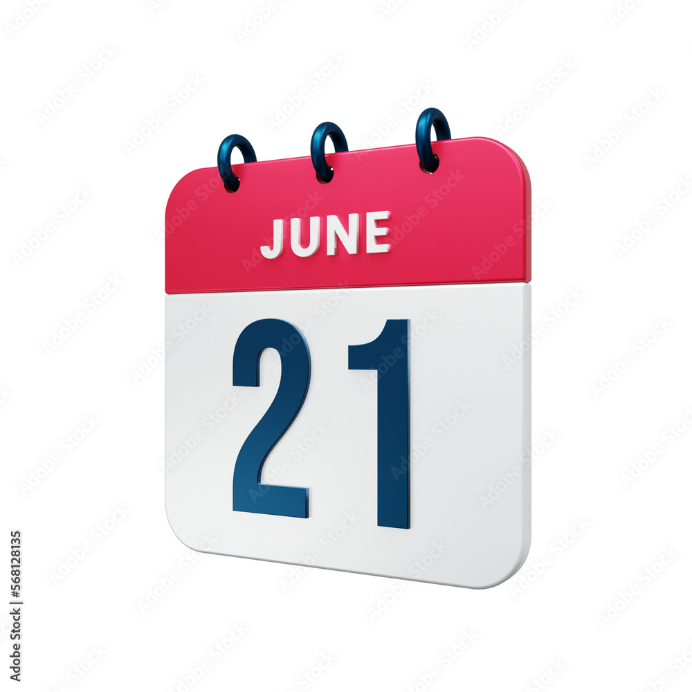 June Realistic Calendar Icon 3D Rendered Date June 21 June Realistic Calendar Icon 3D Rendered Date June 21