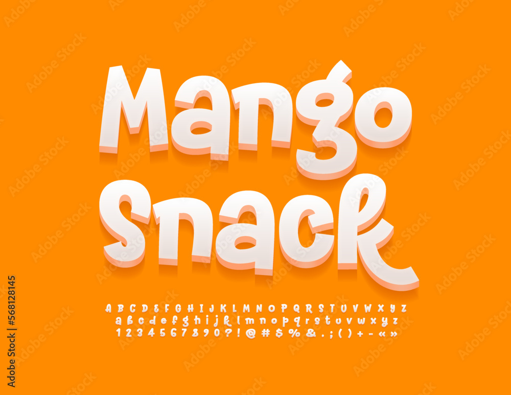 Vector playful emblem Mango Snack with handwritten 3D Font. Set of artistic style Alphabet Letters, Numbers and Symbols Vector playful emblem Mango Snack with handwritten 3D Font. Set of artistic style Alphabet Letters, Numbers and Symbols