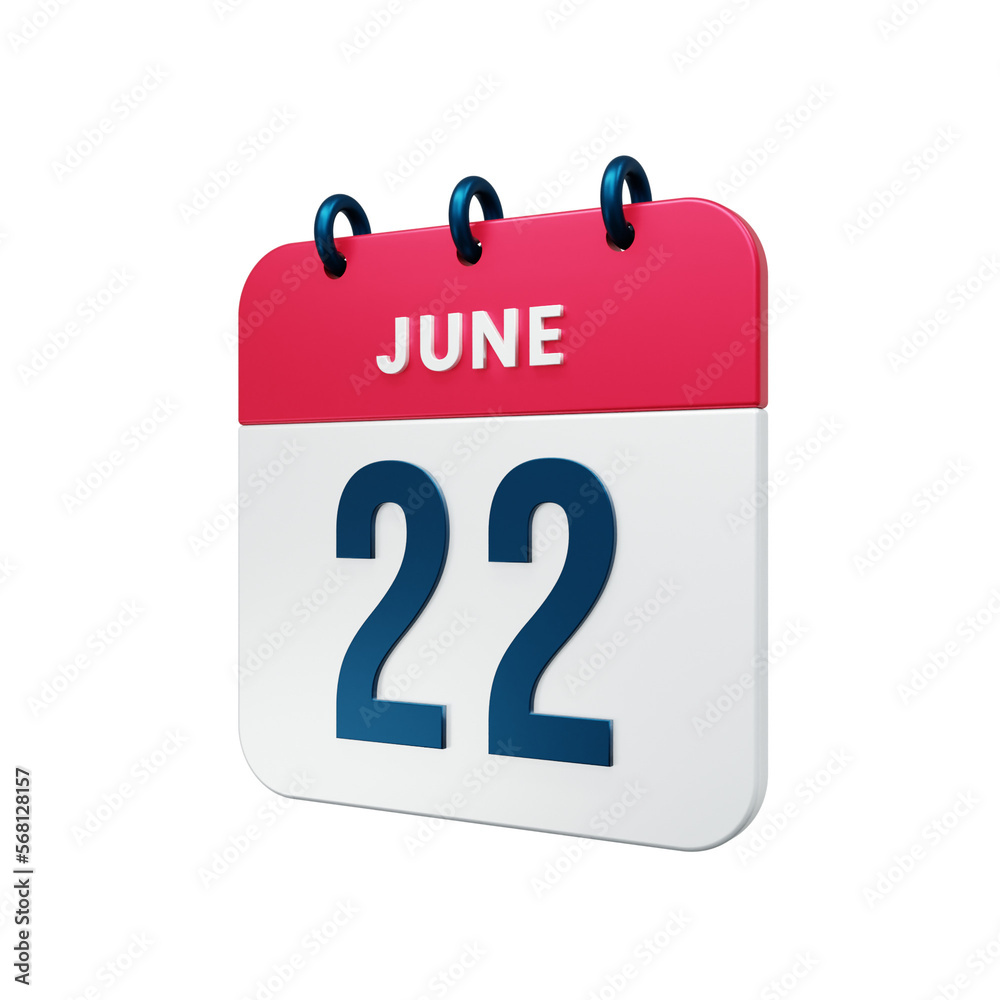 June Realistic Calendar Icon 3D Rendered Date June 22 June Realistic Calendar Icon 3D Rendered Date June 22