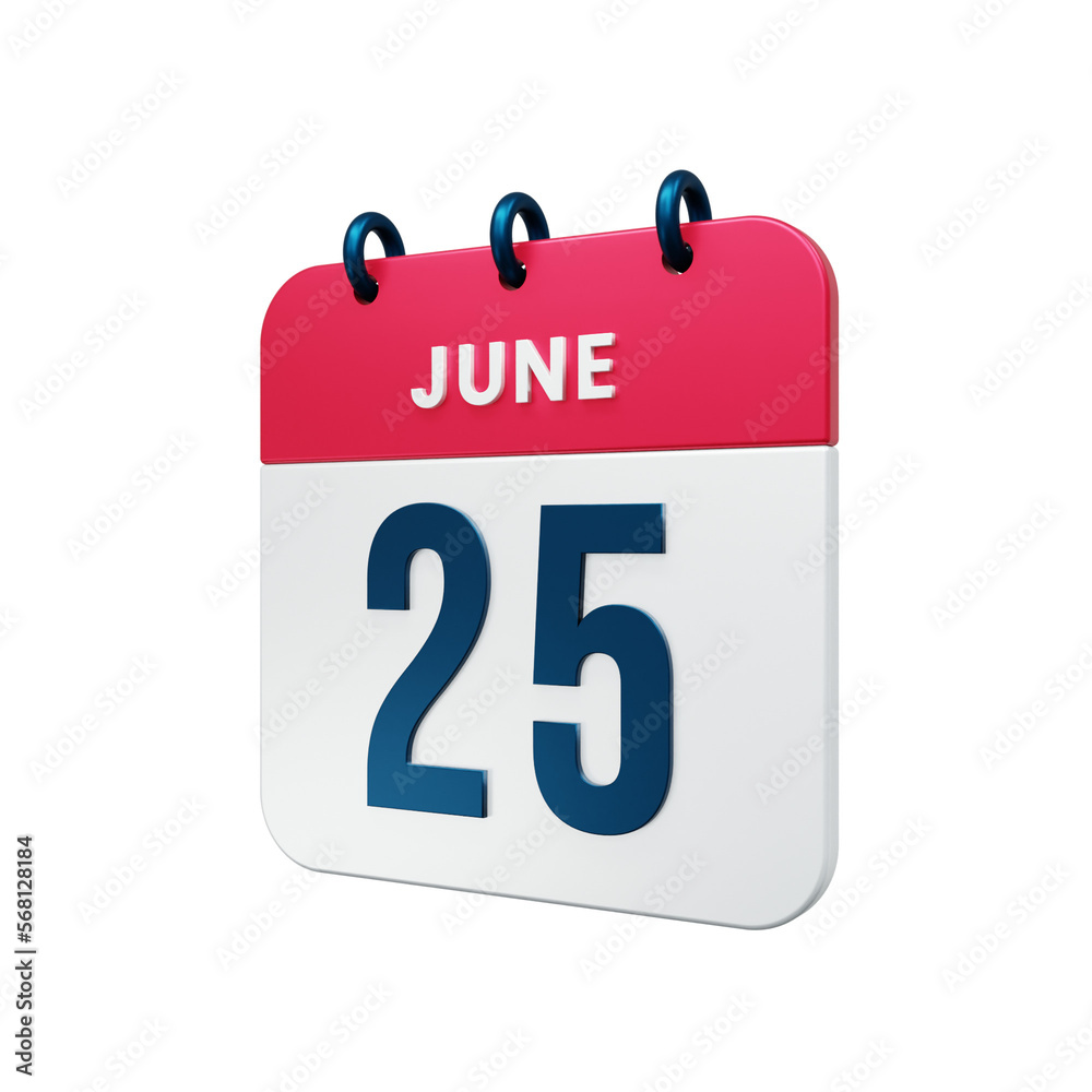 June Realistic Calendar Icon 3D Rendered Date June 25 June Realistic Calendar Icon 3D Rendered Date June 25
