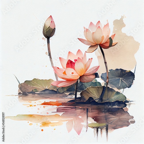 Watercolour painting sketch of lotus flowers, Generative AI © Pinevilla