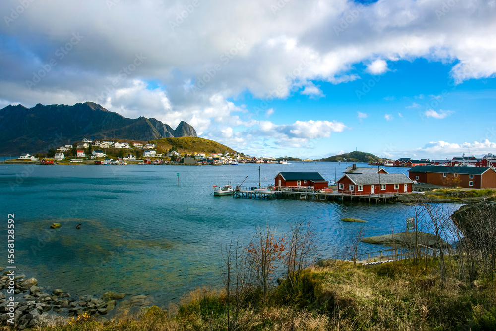 Fototapeta premium Traditional Fishing Hut Village in Lofoten Islands, Norway. Travel