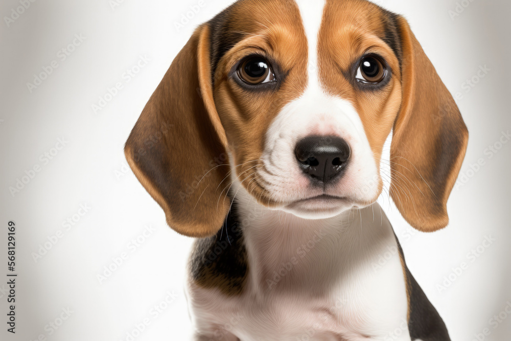 On a white background, an adorable beagle dog is shown. Generative AI