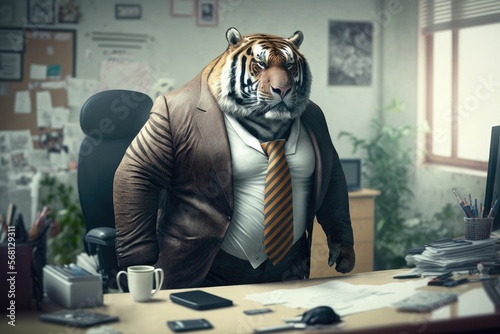 The fat and chubby Tiger Man, Dressed to Impress A Businessman's Office Portrait Generative AI