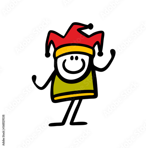 Doodle funny boy at a carnival dressed as a medieval court jester.