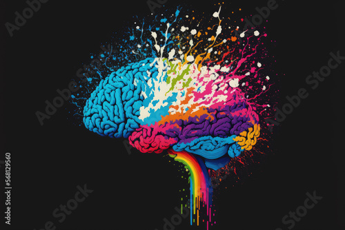 Color brain thought openminded concept with colorful bursts illustrating mind activity. Generative AI photo