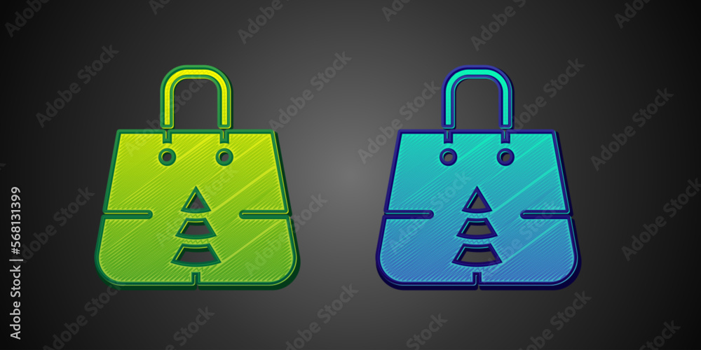Green and blue Christmas paper shopping bag with snowflake icon isolated on black background. Package sign. Merry Christmas and Happy New Year. Vector Green and blue Christmas paper shopping bag with snowflake icon isolated on black background. Package sign. Merry Christmas and Happy New Year. Vector