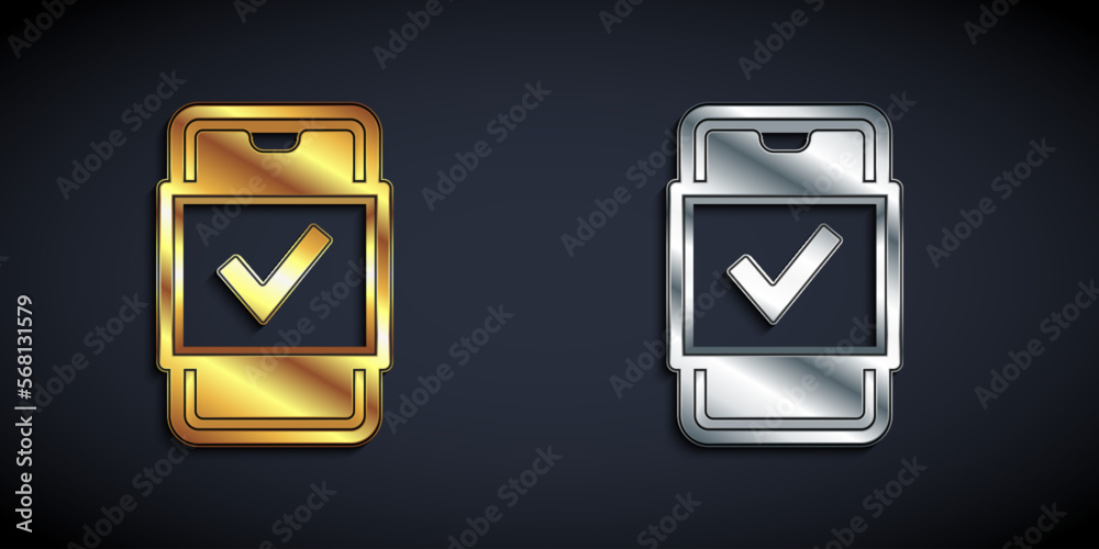 Gold and silver Mobile phone shopping icon isolated on black background. Online buying symbol. Supermarket basket symbol. Long shadow style. Vector Gold and silver Mobile phone shopping icon isolated on black background. Online buying symbol. Supermarket basket symbol. Long shadow style. Vector