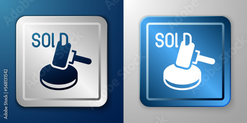 White Auction hammer icon isolated on blue and grey background. Gavel - hammer of judge or auctioneer. Bidding process, deal done. Auction bidding. Silver and blue square button. Vector
