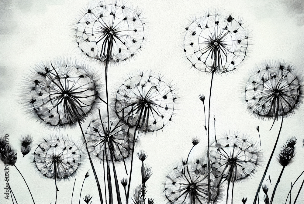Dandelions black and white watercolor background. Generative AI