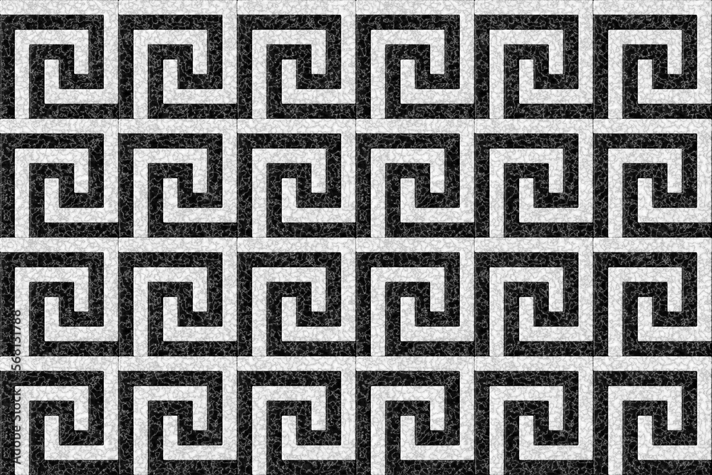 Orthographic top view of a meander pattern in white and black veined marble. 3D render. Seamless and tileable pattern Orthographic top view of a meander pattern in white and black veined marble. 3D render. Seamless and tileable pattern