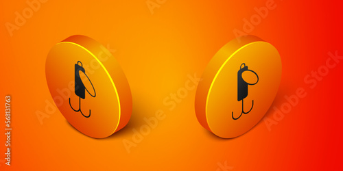 Isometric Fishing lure icon isolated on orange background. Fishing tackle. Orange circle button. Vector