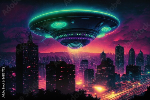 Flying saucer over city at night, background in neon colors, digital illustration, Generative AI