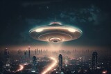Flying saucer flying over night city, alien spaceship in night city, Generative AI