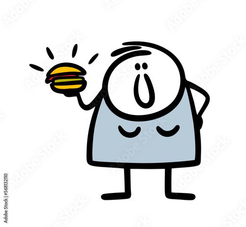 Very fat unhealthy happy young woman holds hamburger fast food for dinner.