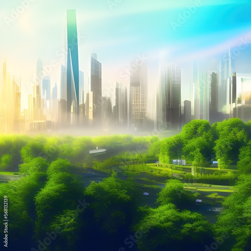 Sunny futuristic cityscape with greenery - generative ai