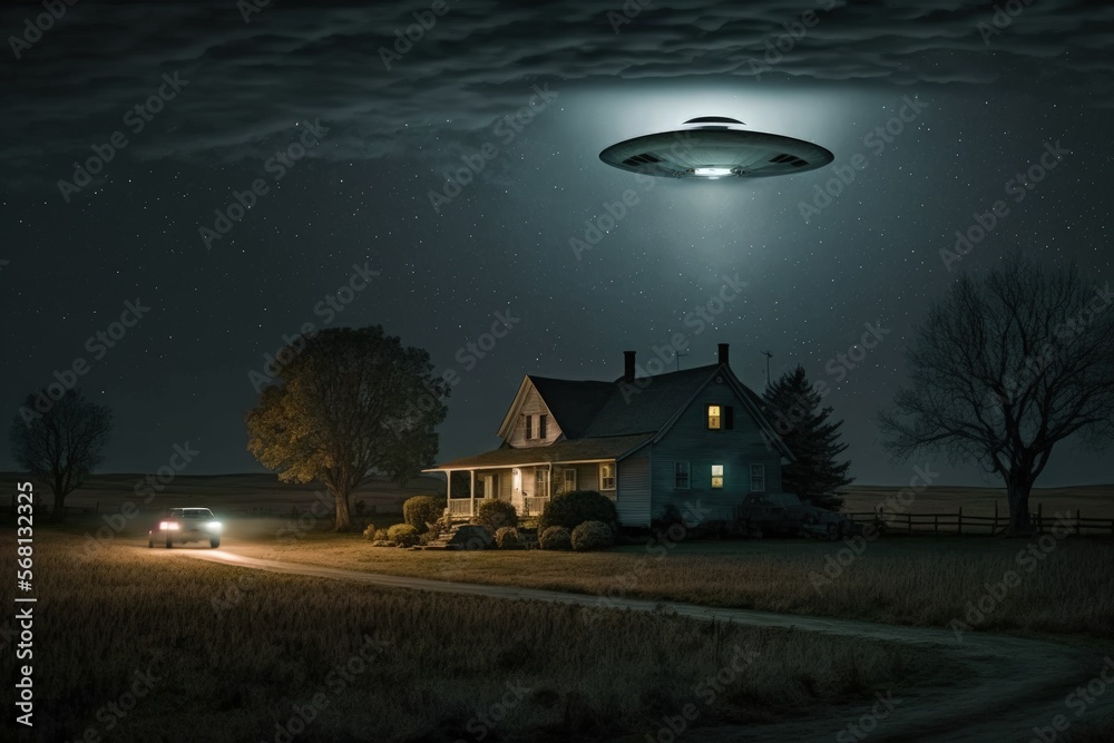 Flying saucer flying over farm at night, alien ship in farm, digital