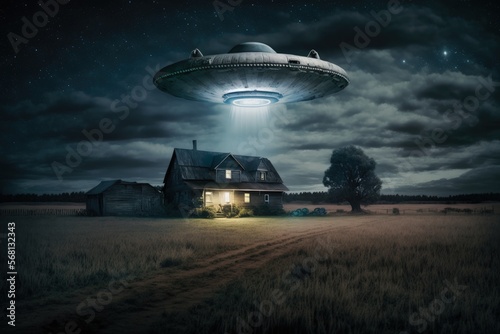Photographie Flying saucer flying over farm at night, alien ship in farm, digital illustratio