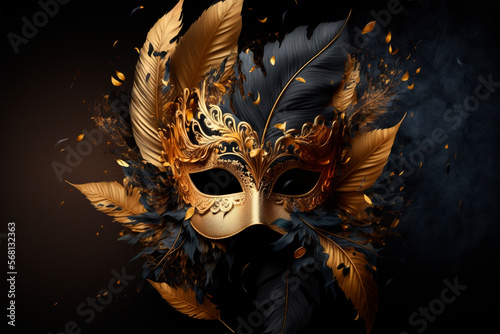 Luxury carnival mask, with golden and black feathers on a black background, generative ai © israel