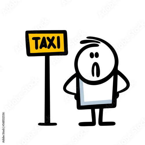Doodle disgruntled male passenger is waiting for a taxi at the bus stop.