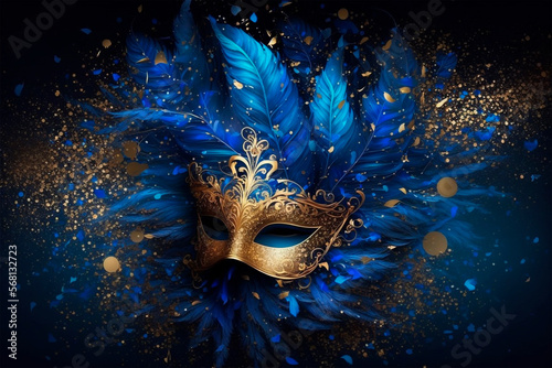 Golden carnival mask and blue feathers, gold glitter dust, generative ai © israel