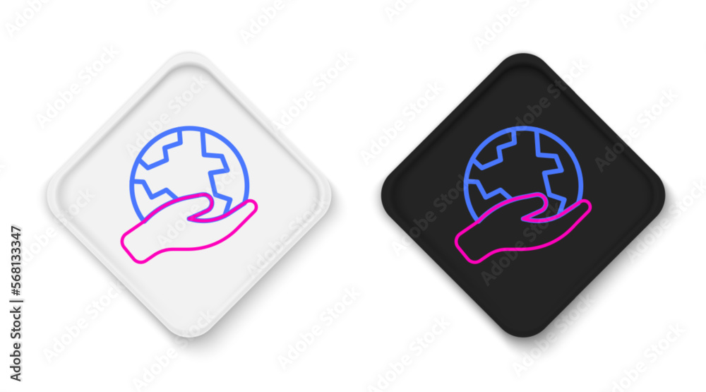 Line Human hand holding Earth globe icon isolated on white background. Save earth concept. Colorful outline concept. Vector Line Human hand holding Earth globe icon isolated on white background. Save earth concept. Colorful outline concept. Vector
