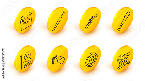 Set line Car theft, Headshot, Cocktail molotov, Suspect criminal, Baseball bat with nails, Sniper rifle scope, Marijuana joint and Thief surrendering hands up icon. Vector