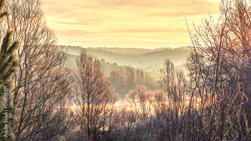 Spectacle de la nature avec un paysage et un lever de soleil hivernal au bord du lac de Saint Cassien dans le Sud de la France avec  une forêt et de la brume