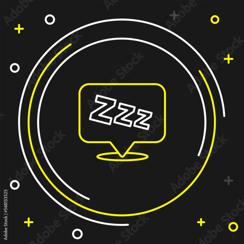 Line Sleepy icon isolated on black background. Sleepy zzz talk bubble. Colorful outline concept. Vector