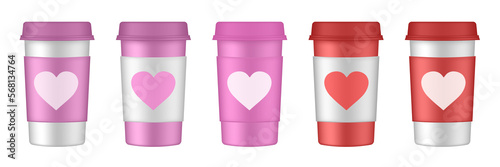 Valentine's day. Set of paper coffee cups with cupholders. Coffee to go. Take away. White paper cups, blank brown container with lid for latte, mocha or cappuccino drinks. Carton cup holder with heart