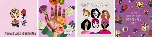 International Women's Day. March 8. Vector illustration of women of different races and nationalities, stickers and patches of flowers, female power and feminism for a greeting card and background