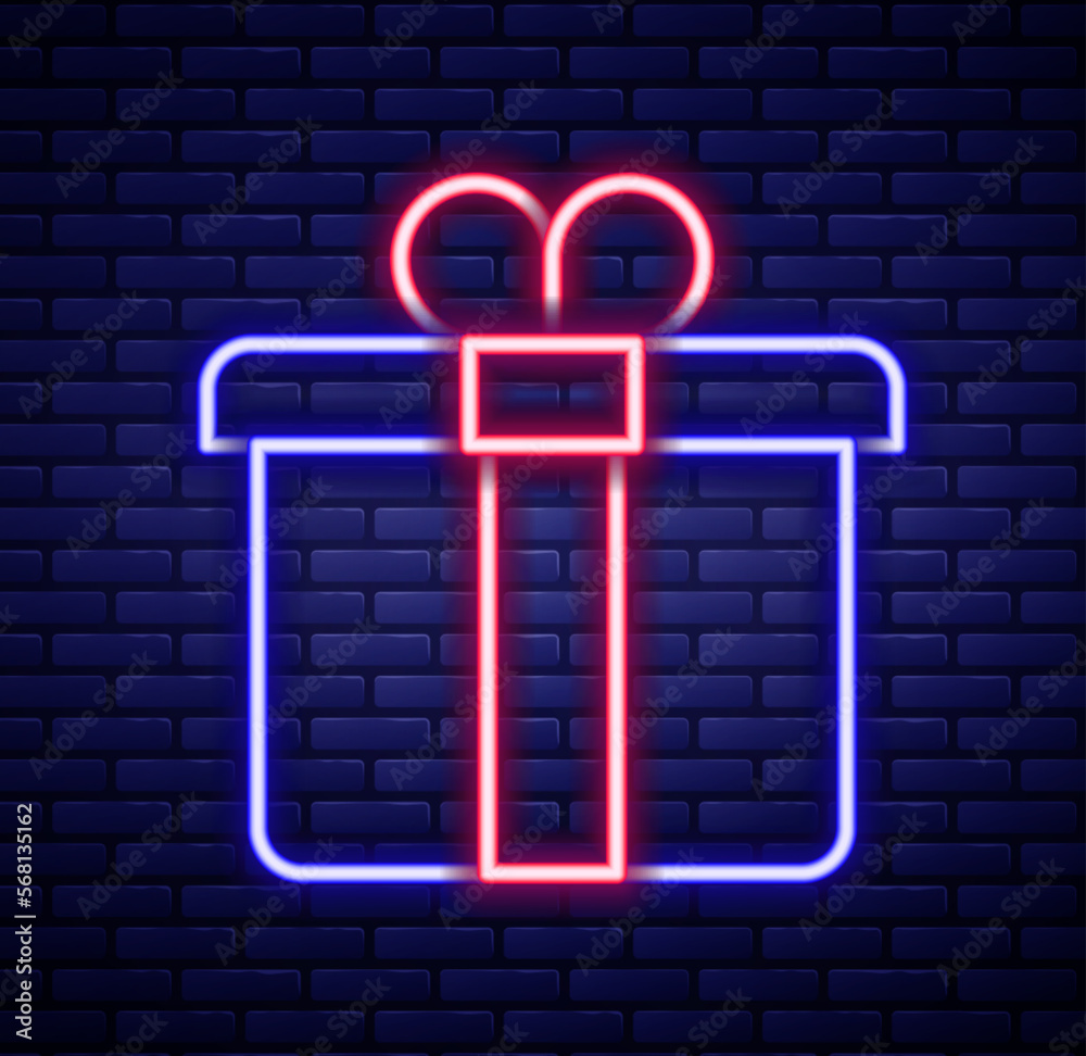 Glowing neon line Gift box icon isolated on brick wall background. Merry Christmas and Happy New Year. Colorful outline concept. Vector Glowing neon line Gift box icon isolated on brick wall background. Merry Christmas and Happy New Year. Colorful outline concept. Vector