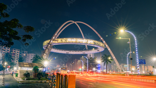 Biswa Bangla Gate located in Kolkata, West Bengal, India, Night view of a beautiful hanging restaurant photo