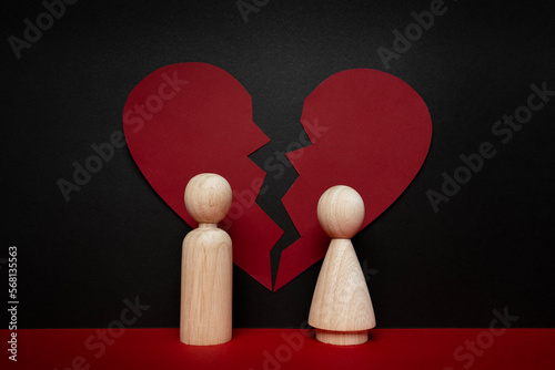 wooden peg doll male and female with red broken heart 