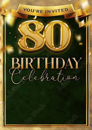 80th Birthday Celebration Flyer Design Emerald Green Gold Template photo