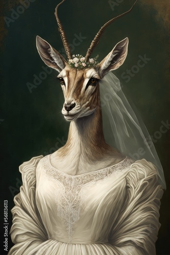  Gazelle dressed up in wedding dress. Generative AI