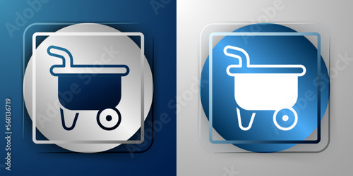 White Wheelbarrow icon isolated on blue and grey background. Tool equipment. Agriculture cart wheel farm. Silver and blue square button. Vector