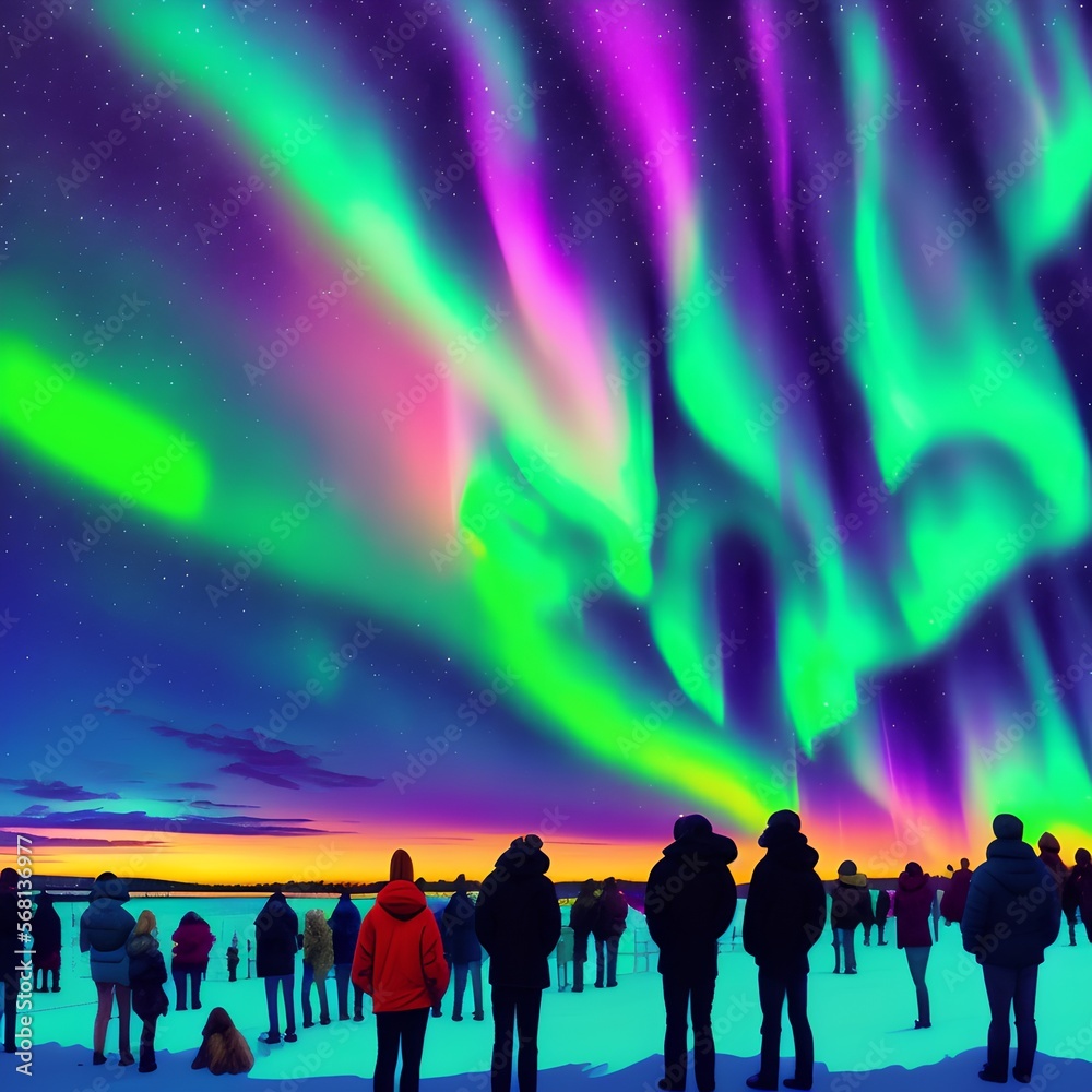 Fototapeta premium People Watching Aurora Borealis, Generative AI Illustration