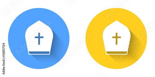White Pope hat icon isolated with long shadow background. Christian hat sign. Circle button. Vector