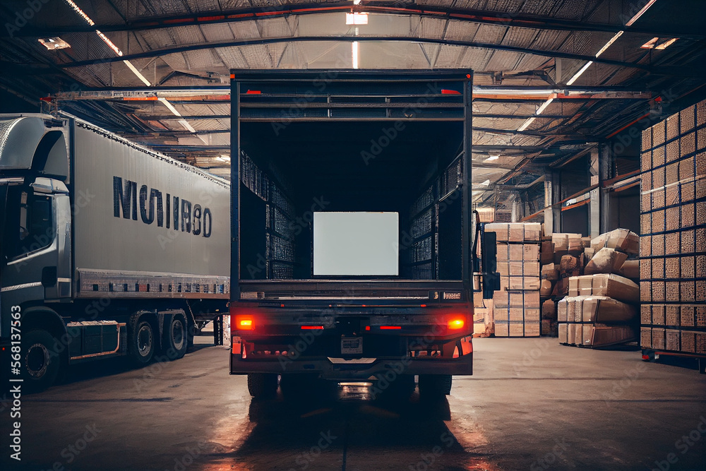 Truck for transportation stands in a warehouse with boxes and shelves, loading goods. Generative AI Truck for transportation stands in a warehouse with boxes and shelves, loading goods. Generative AI
