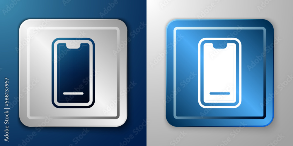 White Food ordering on mobile icon isolated on blue and grey background. Order by mobile phone. Restaurant food delivery concept. Silver and blue square button. Vector