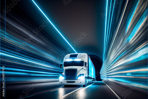 Truck bus electric car of the future rides on the road in the tunnel, eco clean environment without harmful waste, neon light at night in the tunnel, long exposure. Generative AI