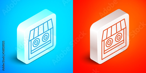 Isometric line Shooting gallery icon isolated on blue and red background. Shooting range. Silver square button. Vector