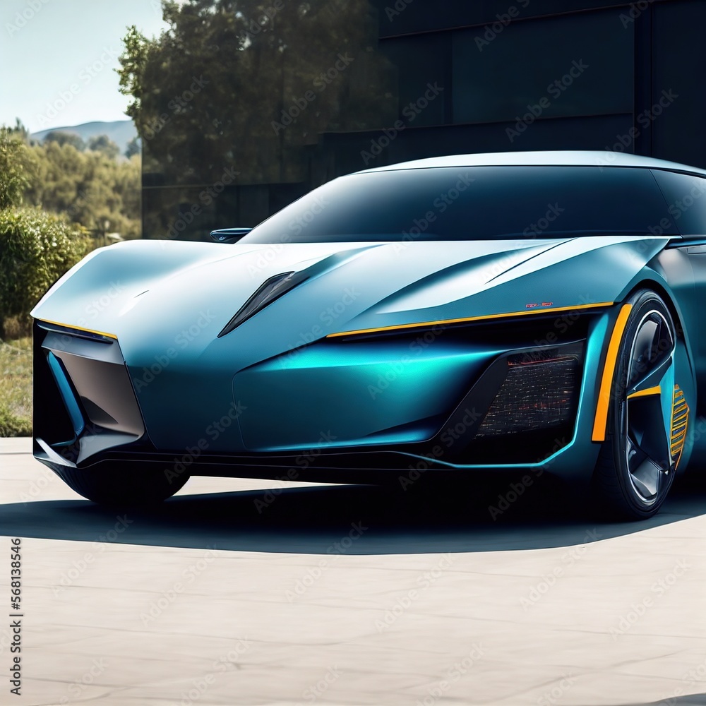 Naklejka premium modern concept car in the future with city background, generative art by A.I.