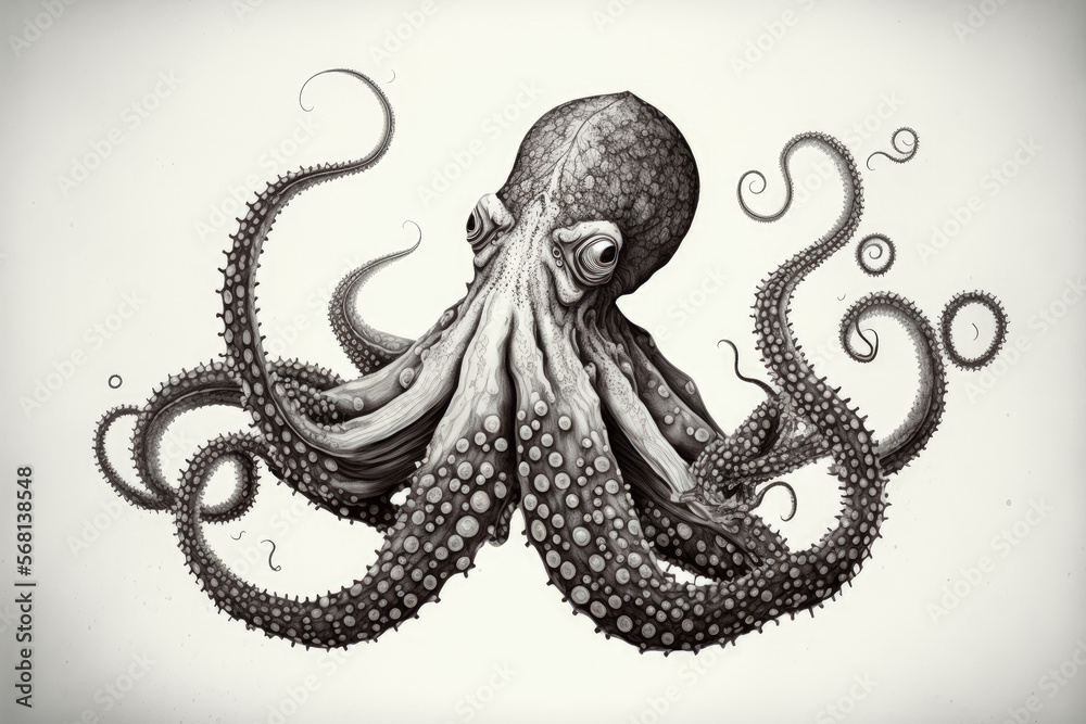 Obraz premium Illustration of an octopus. a gorgeously drawn black lined octopus against a white backdrop. Generative AI