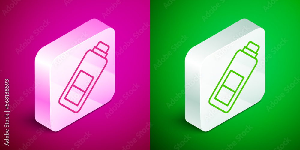 Isometric line Battery charge level indicator icon isolated on pink and green background. Silver square button. Vector Isometric line Battery charge level indicator icon isolated on pink and green background. Silver square button. Vector