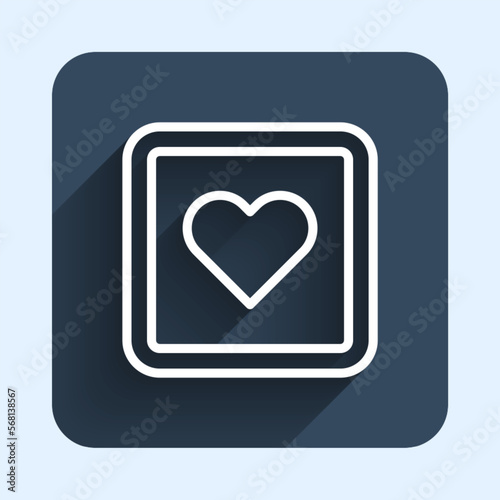 White line Like heart icon isolated with long shadow background. Counter Notification Icon. Follower Insta. Blue square button. Vector