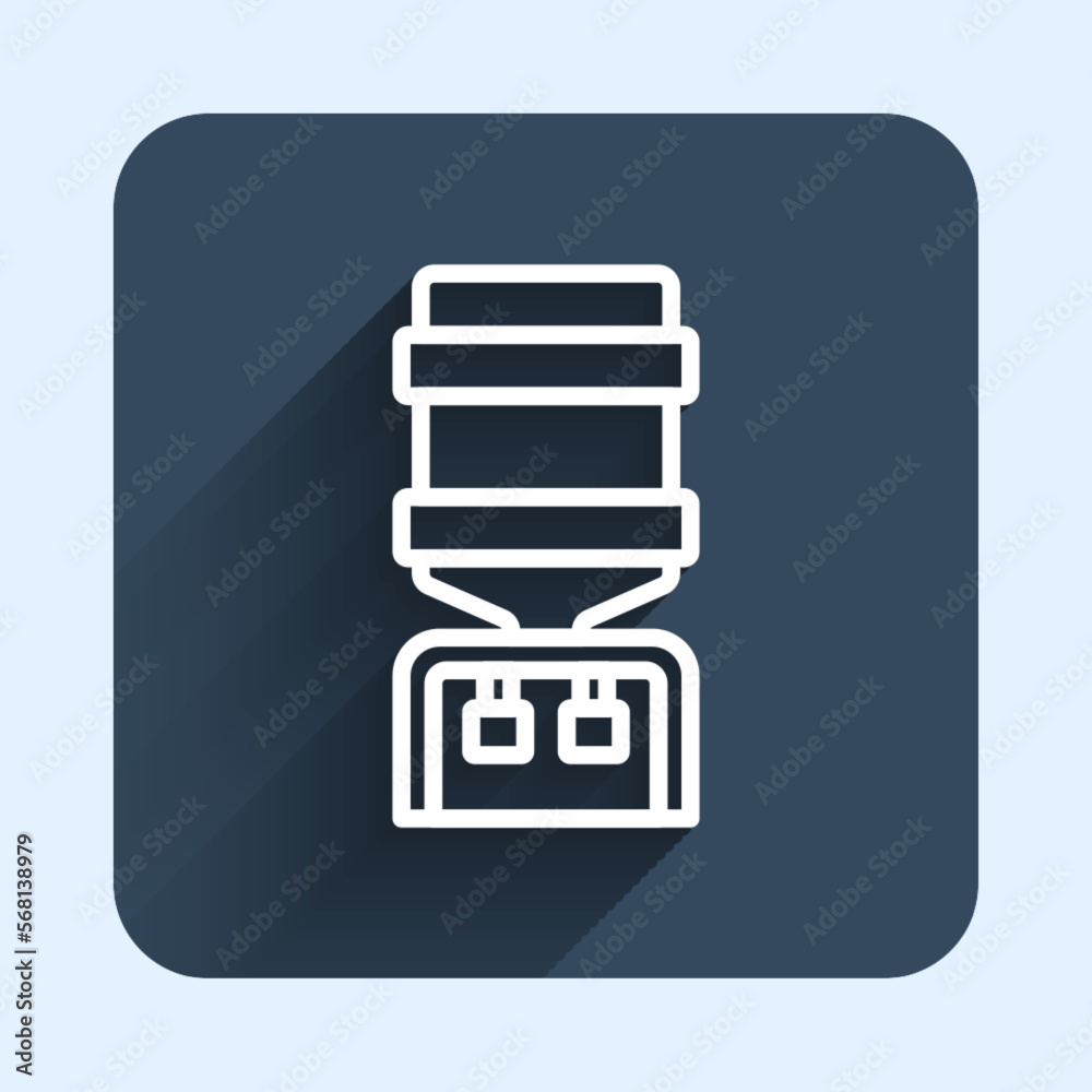 White line Water cooler for office and home icon isolated with long shadow background. Water dispenser. Bottle office, plastic and liquid. Blue square button. Vector White line Water cooler for office and home icon isolated with long shadow background. Water dispenser. Bottle office, plastic and liquid. Blue square button. Vector