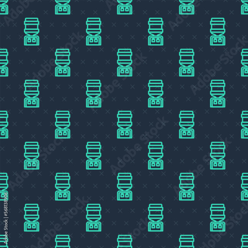 Green line Water cooler for office and home icon isolated seamless pattern on blue background. Water dispenser. Bottle office, plastic and liquid. Vector