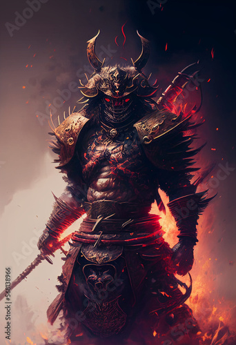 AI Ancient Samurai ready for battle to kill Japanese demons. It is beautifully made with a multitude of details. His armor is solid, his katana is ready to cut.